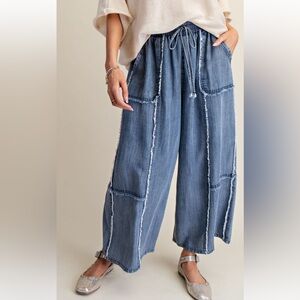 NWT Easel Washed Blue Denim Wide-Leg Patchwork Drawstring Pants Size 1X Plus